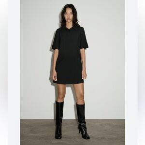 Zara New Black Raw Hem Short Sleeve Oversized Polo Dress Size Small